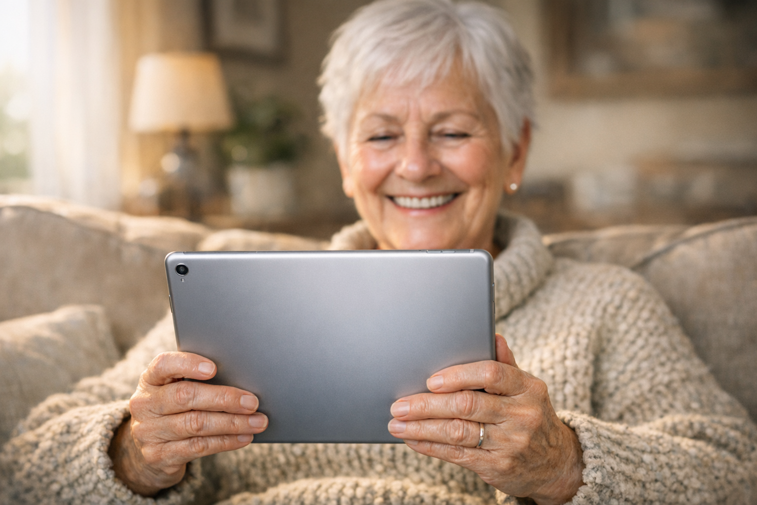 Family member helping grandparent with tablet