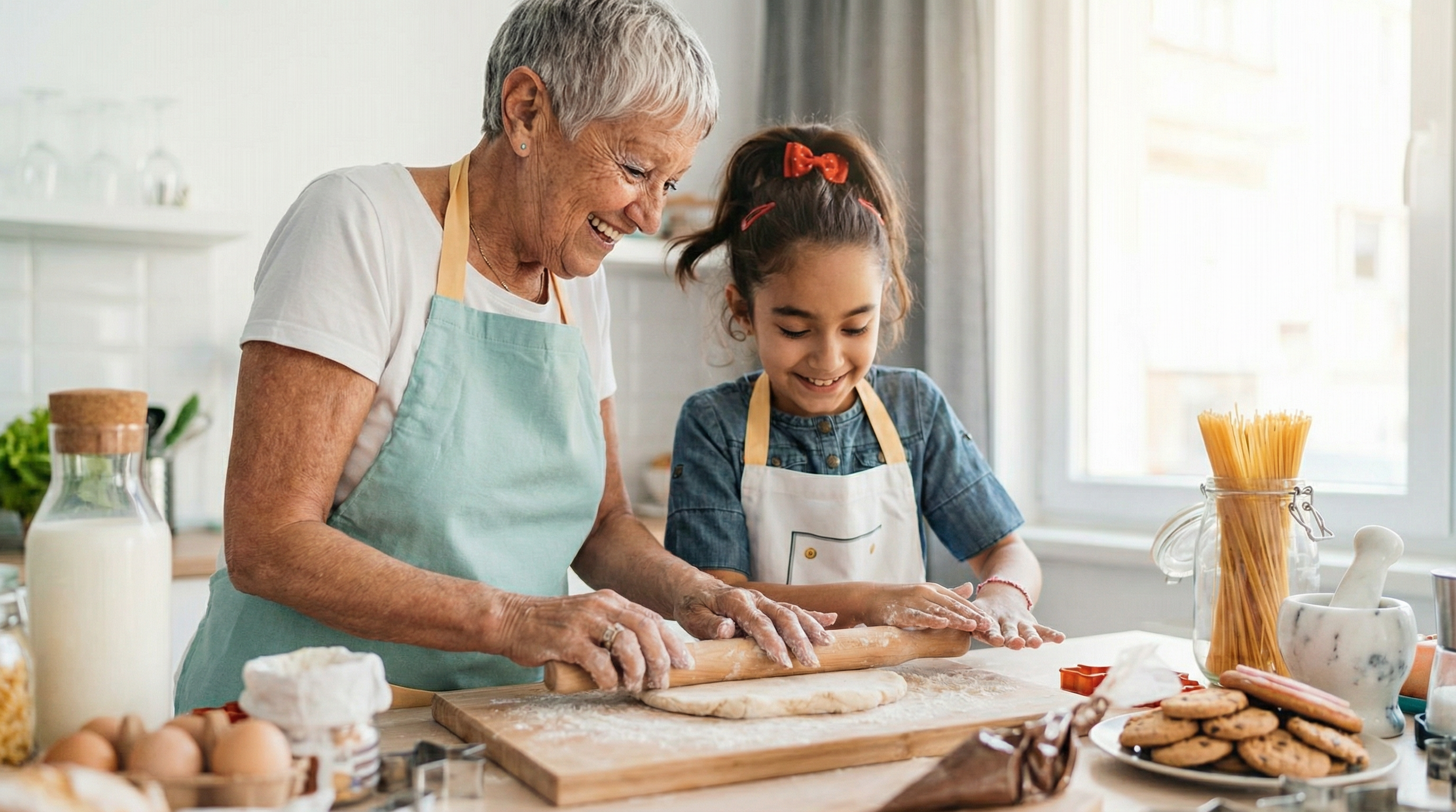 Young adult helping grandmother with tablet