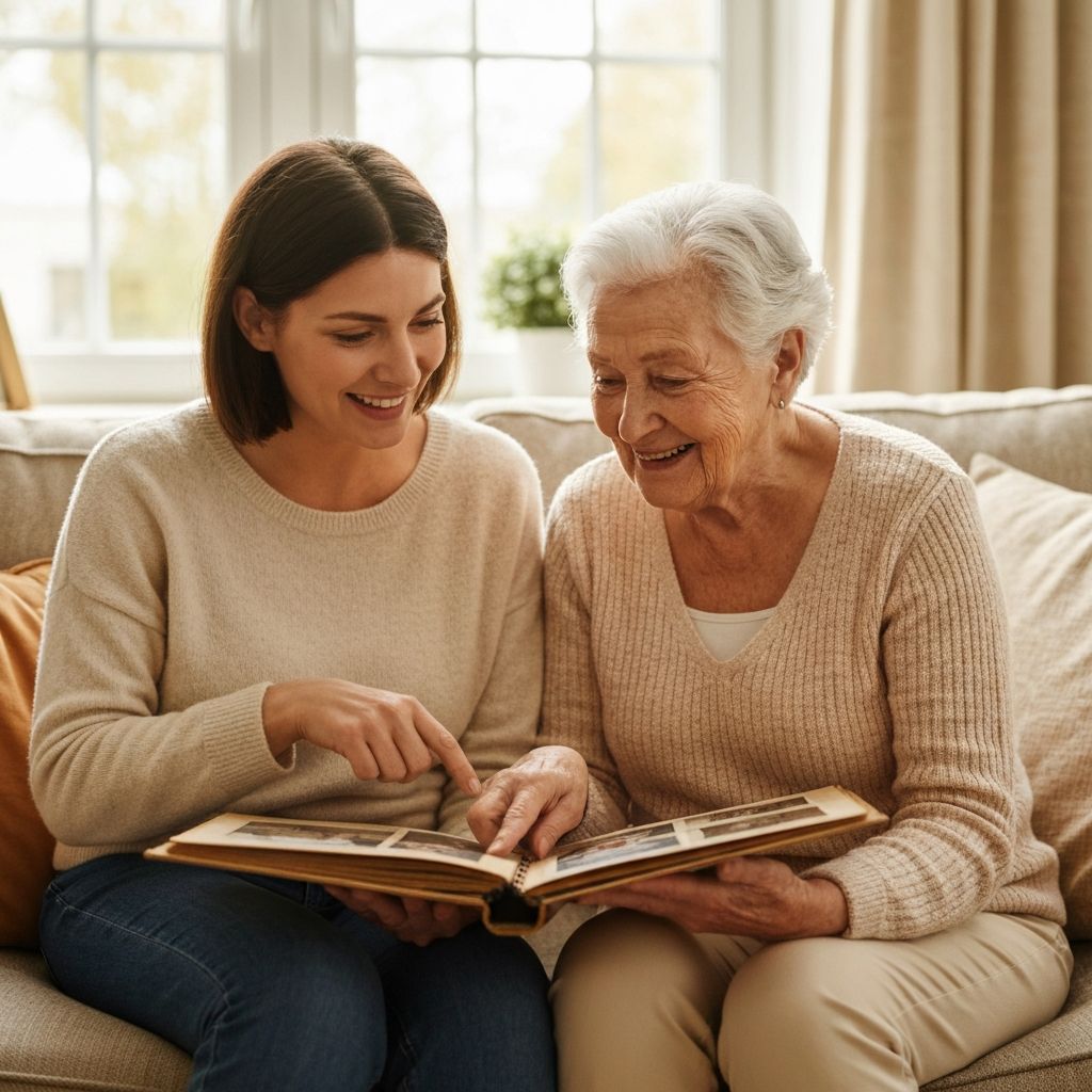 Grandmother and granddaughter sharing stories over a photo album